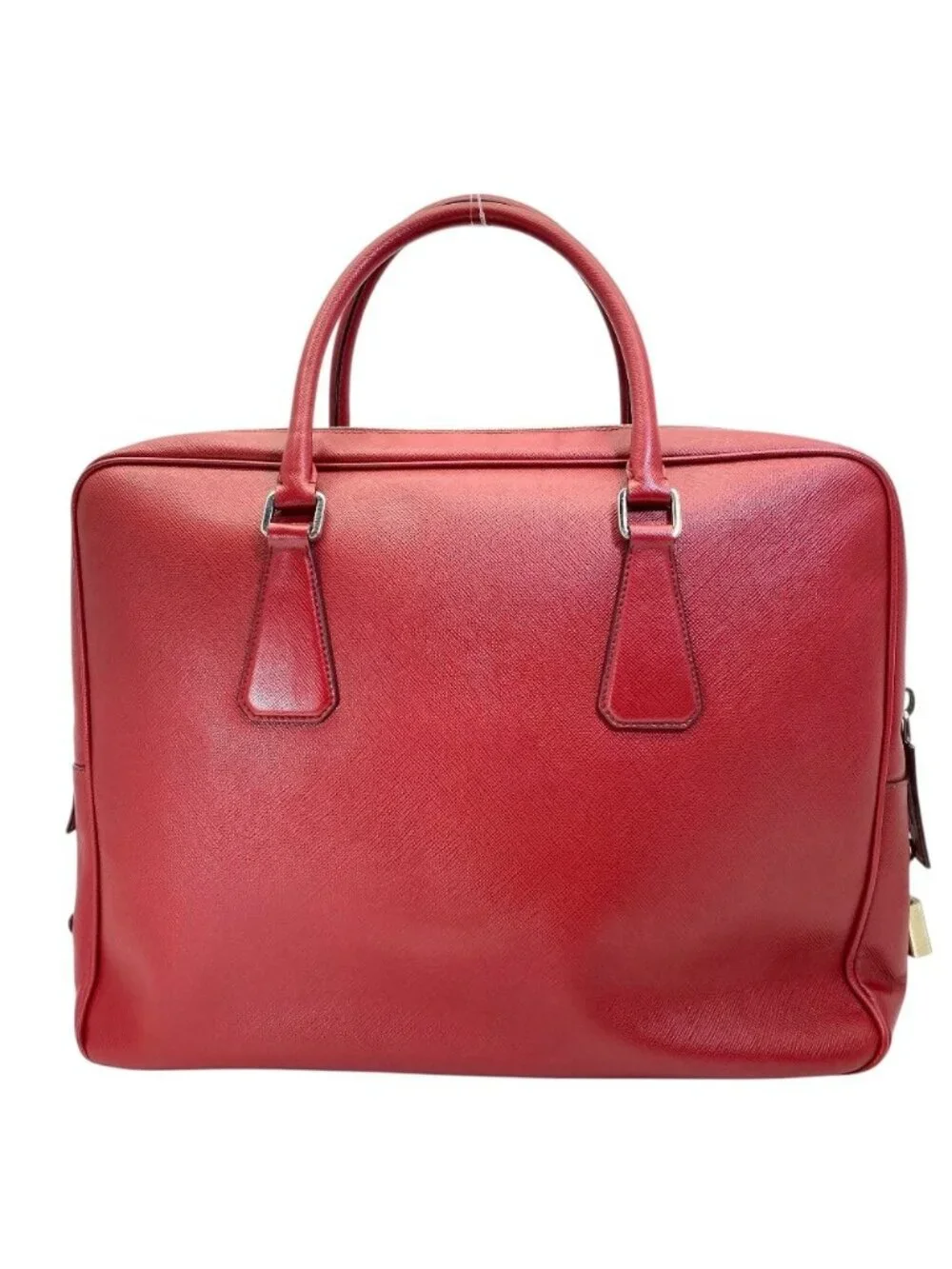 Prada Business Briefcase Handbag Triangle Logo Saffiano Leather Red Document